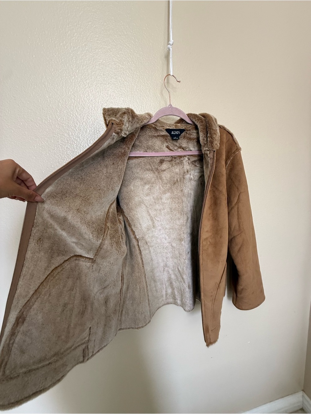Vintage AEROS Faux Suede Sherpa Hooded Jacket Brown Y2K Large - Picture 6 of 13